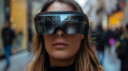 Close-up of a young woman wearing augmented reality goggles in the cityの素材