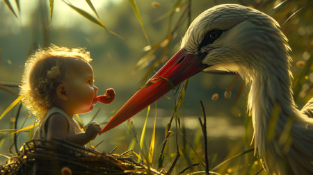 Cute baby girl playing with a stork on the lakeの素材