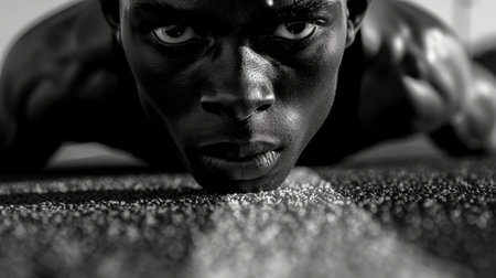 Close-up portrait of a young African American man lying on the floorの素材