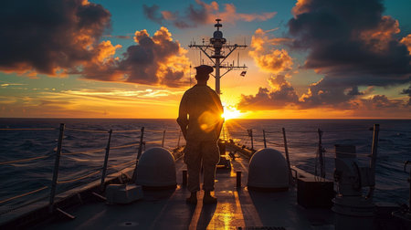 Silhouette of a sailor on the deck of a warshipの素材