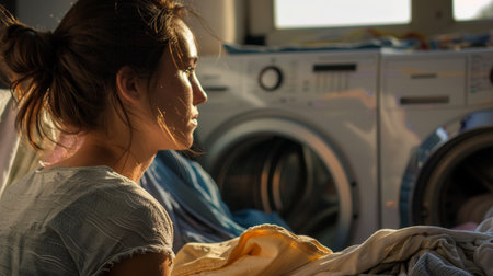 A young woman is sitting in front of a washing machine in the morningの素材