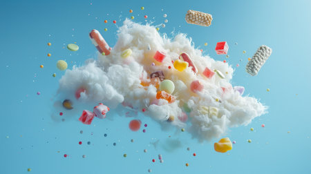 Colorful candies in the shape of a cloud on a blue backgroundの素材