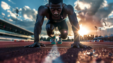 Male athlete ready to run on the running track in the stadium.の素材