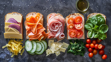 Variety of sandwiches with cheese, prosciutto, salami, tomatoes and basil on dark background. Top viewの素材