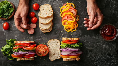Male hands with tasty sandwiches on black background, top view. Vegetarian foodの素材
