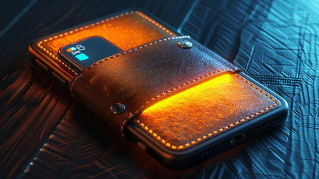 Smartphone with wallet-shaped case with glowing lightの素材