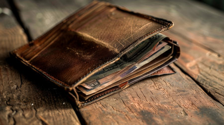 Old wallet with money on wooden background. Selective focus. Shallow depth of fieldの素材