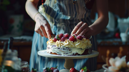 Woman decorating strawberry cake with whipped cream and fresh berries, close upの素材