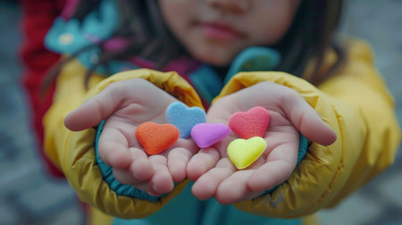Little girl holding colorful hearts in her hands. Selective focusの素材