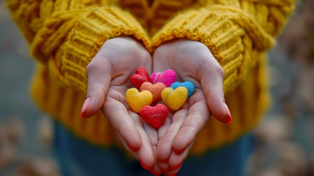 A girl in a yellow sweater holds a heart in her handsの素材