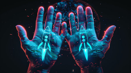 Close up of human hands with rocket hologram on dark background. Startup conceptの素材