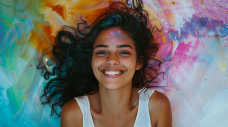 Close up portrait of a beautiful young latin woman smiling at the cameraの素材