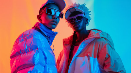 Two human models, showcasing modern fashion. They are wearing down jackets with a modern sporty designの素材