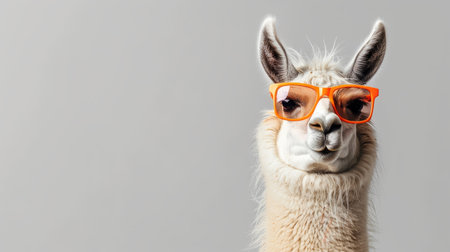 Portrait of a funny llama wearing orange sunglasses on gray backgroundの素材