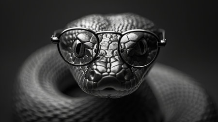 Close-up of a snake wearing glasses with a black backgroundの素材