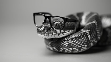 Black and white snake with eyeglasses on a gray backgroundの素材