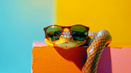 Close-up of a snake in sunglasses on a colorful backgroundの素材