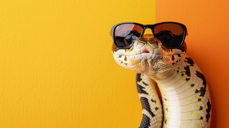 Snake wearing sunglasses on orange and yellow background with copy spaceの素材