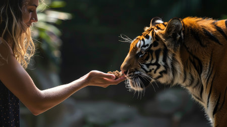 Close-up of a tiger eating food from a woman's handの素材