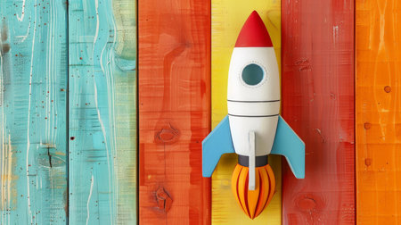 Rocket toy on colorful wooden backgroundの素材