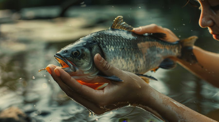 Young woman holding a fish in her hands. Selective focusの素材