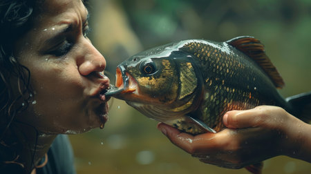 Beautiful young woman feeding a large fish from her mouth. Close-upの素材