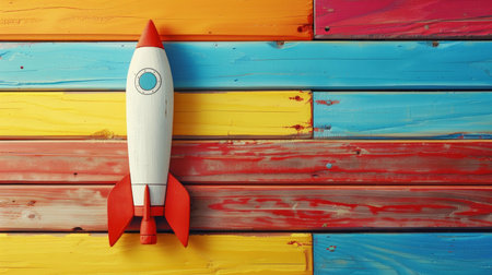 Rocket toy on colorful wooden background, retro toned, copy spaceの素材