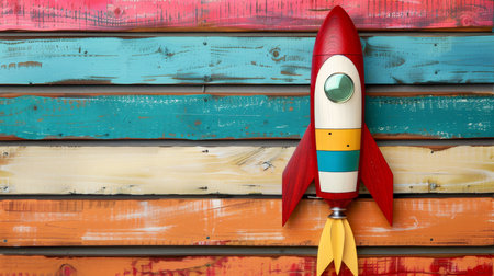 Colorful toy rocket on a wooden background. Space for textの素材