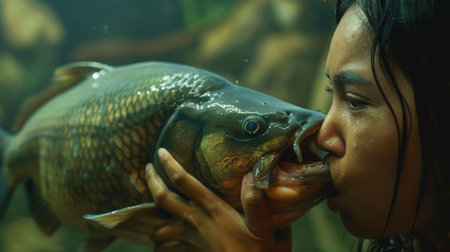 Woman holds a big fish and kisses itの素材
