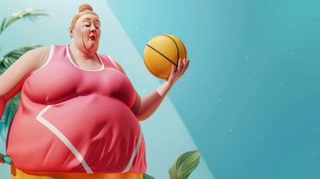 Fat woman with a basketball on a blue backgroundの素材
