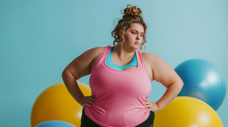 Fat woman in sportswear on blue background with colorful fitness ballsの素材