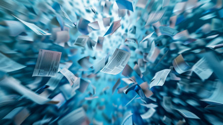 Flying sheets of paper in a blue tunnelの素材