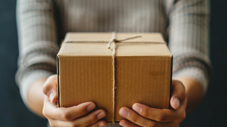 Close-up of a man holding a cardboard box in his handsの素材