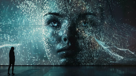 Silhouette of woman looking at abstract digital imageの素材