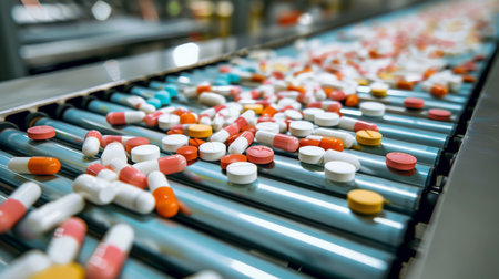 Close-up of a conveyor belt with pills in a pharmaceutical factoryの素材