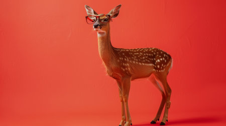Fawn with glasses on a red background. 3d rendering.の素材