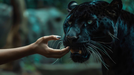 Female hand feeding leopard in the zoo, close-upの素材