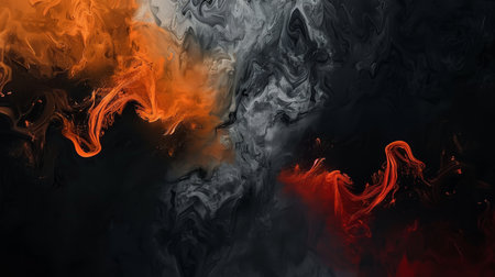 Dynamic and abstract fluid art design. The dominant colors are shades of black, white, orange, and redの素材