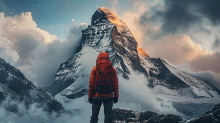 Mountain climber standing on a rocky outcrop, gazing at a majestic snow-capped mountain peakの素材