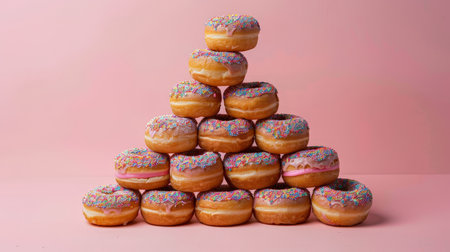 Group of donuts stacked on top of each other on pink backgroundの素材