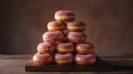 Doughnut pyramid on wooden background. Top view with copy spaceの素材