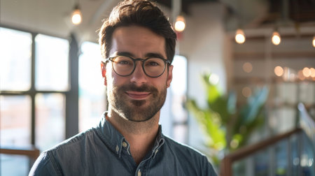 Portrait of smiling businessman wearing eyeglasses in coffee shopの素材