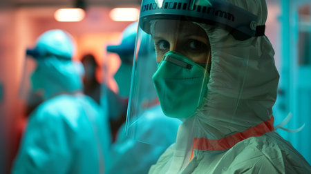 Surgeon in protective suit and mask looking at camera in operating roomの素材