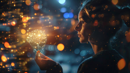 Young woman holding a glowing light bulb in her handsの素材