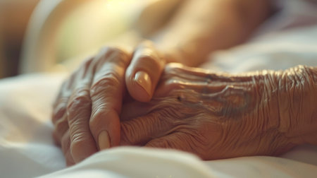Closeup of senior woman holding hands with her caregiver at homeの素材