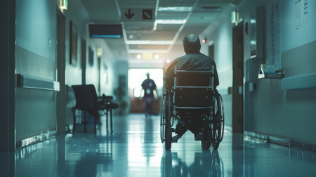 Disabled man in wheelchair in hospital corridor. Blurred backgroundの素材