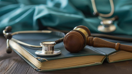 Medical law concept. Gavel and book with stethoscopeの素材