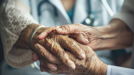Doctor and senior patient holding hands. Healthcare and medical service conceptの素材
