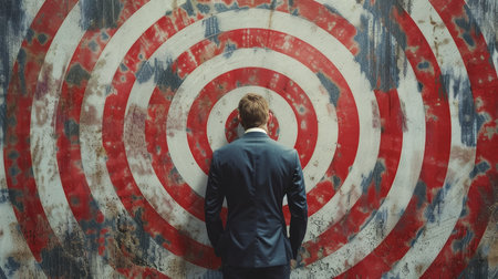 Back view of a businessman looking at the center of a targetの素材