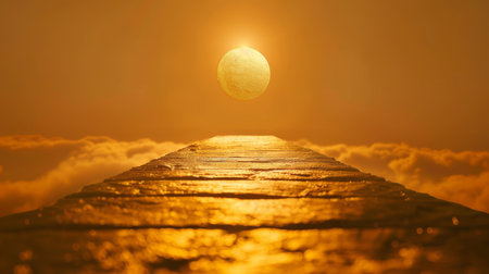 Wooden pier leading to the sun at sunset in the eveningの素材